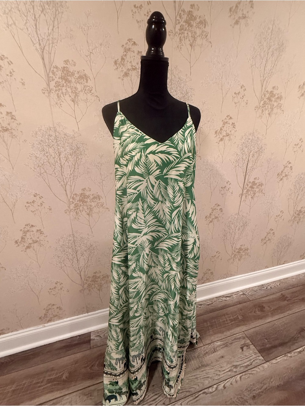 Nicole Miller Green and White Palm-Print Slip Maxi Dress